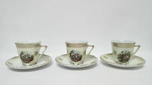 Set de Cafe/te de porcelana 3 tazas y platos. Imagenes de epoca Rivetes dorados - Imagen 1 de 2