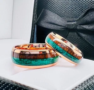 Rose Gold Tungsten Ring featuring Green Malachite and Koa Wood Inlay, His & Hers - Picture 1 of 12