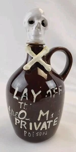 Vintage Poison Skull Jug Lay Off This Is The Old Mans Private Stoneware Whiskey - Imagen 1 de 10