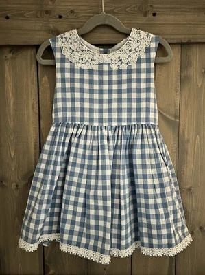 OshKosh Genuine Kids Toddler Girls Dress 5T Gingham Blue White Cotton Lace EUC - Image 1 of 2