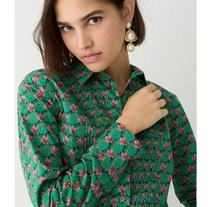 J Crew Liberty Fabric Slim Fit Cotton Tuxedo Shirt Green Tudor Tulip Size 6 - Picture 1 of 15