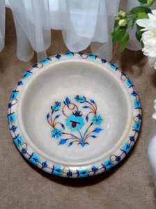 12" Handmade White Marble Multi-Stone Fruit Bowl Luxury Office Table Display - Picture 1 of 9