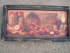 Prim Country Print *2 OLD BASKETS WITH APPLES* 6" x 12" handmade black frame - Picture 1 of 3