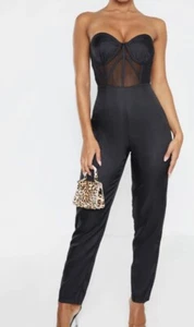 Pretty Little Thing Size 12 Black Bandeau Mesh Insert Cup Detail Jumpsuit NWT - Picture 1 of 6