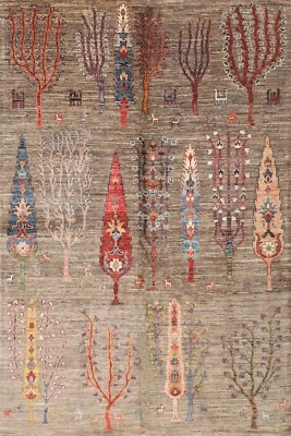 5x7 ft Tribal Tree Of Life Grey Area Rug Afghan Hand Knotted Wool Dye Rug - Image 1 of 4