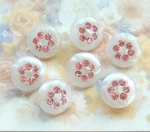 Set of 7 Vintage Small White Moonglow Glass Buttons w/Circle of Pink Rhinestones - Picture 1 of 5