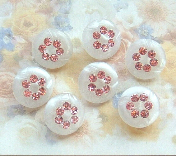 Set of 7 Vintage Small White Moonglow Glass Buttons w/Circle of Pink Rhinestones - Image 1 of 4