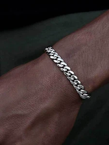 Curb Cuban Bracelets Silver Jewelry Miami Men High Polished Waterproof 7mm 8" - Picture 1 of 6