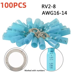 100Pcs Heat Shrink Ring Terminals Wire Connectors Blue 16-14 AWG 5/16 Hole Gauge - Picture 1 of 10