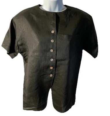 Camisa Blusa Mujer Lino Negra Ajusta Botón Grande Años 80 90 Lujo Retro Carrera Foto 1 de 4