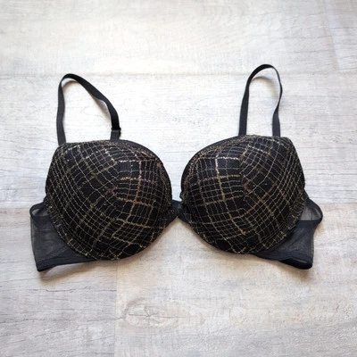Sutiã Victorias Secret 36B xadrez de ouro preto renda push up com fio - Imagem 1 de 4