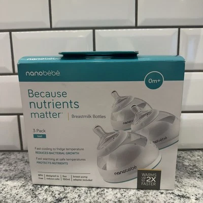 Mamadeiras de leite materno Baby Nanobébé 0m+ mamilos 5 oz 150 ml azul-petróleo pacote com 3 novas sem BPA - Imagem 1 de 3