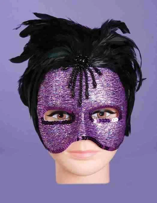 Mardi Gras Mask Purple & Blk Glitter Fabric Eye Mask W/ Feathers & Beads - Image 1 of 1