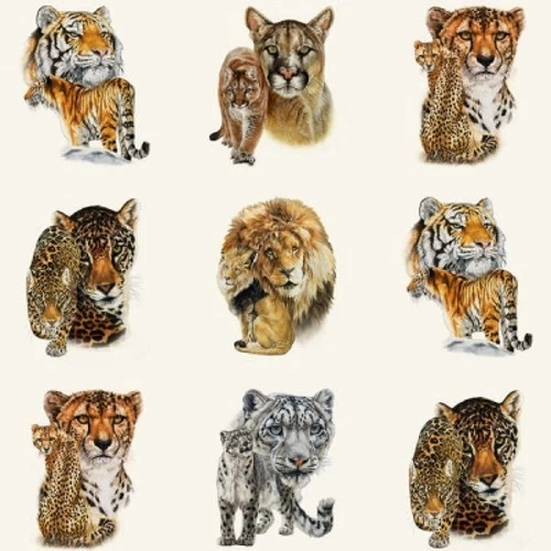 Elizabeth's Studio Big Cats by Barbara Keith 7602E CRM Panel  Cotton Fabric 24" - Image 1 of 1