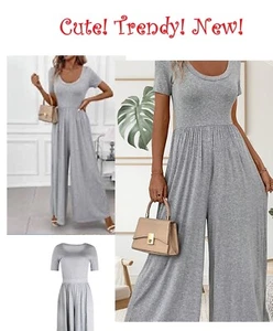 New SASSY Wide Leg Gray Plus Sz XL Jumper Pantsuit Wide Neck Outfit Romper - Picture 1 of 6