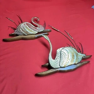 Mid Century Modern Style Brass Color Swans & Wood / MCM / Wall Hangings Tin - Picture 1 of 16