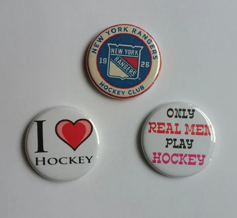 Lot of 3 1.25" Pinback / Magnets / Flatback Buttons NY Rangers / I Love Hockey Cover