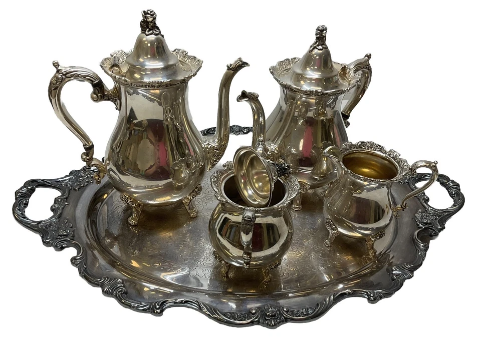 Juego de bandeja, café, té, azúcar y crema enchapada en plata Wallace Royal Rose Foto 1 de 4