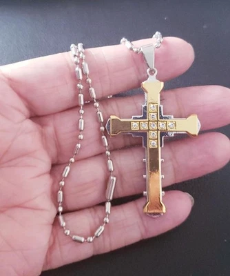 Stainless Steel Silver & Gold Cubic Zirconia Pendant / Necklace #2! - Image 1 of 3