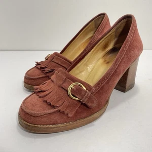 APC Classic Burgundy Suede Tassel Stack Leather Moc Heels Women’s US sz 5 EU 35 - Picture 1 of 8