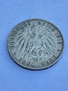 WILHELM II GERMANY THREE MARK COIN 1912 A ARG. g.17 OLD SILVER COIN - Picture 1 of 2