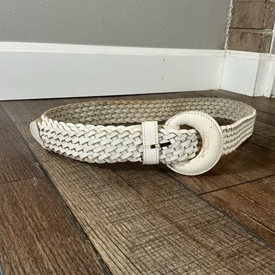 Cinturón de cuero crema trenzado hebilla redonda tejido estilo tirador para mujer M/L ancho Foto 1 de 4