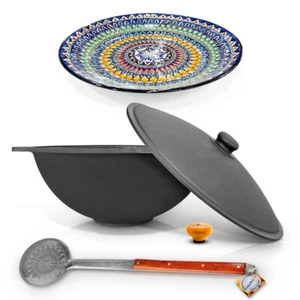 Gusseisen Kazan 22 L Holzgriff Uzbekisch Kochtopf Schaumlöffel Kasan Lagan WOK - Bild 1 von 1