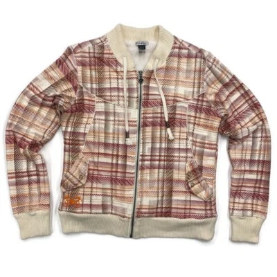 Oakley Womens L Sweater Bomber Jacket Plaid Full Zip Sherpa Fleece Lined Beige - Image 1 of 4