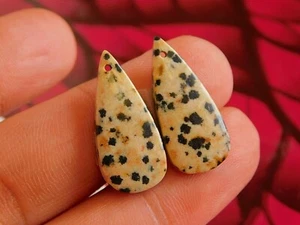 Front To Back Drilled Matching Pair Dalmatian Jasper Elongated Teardrop Beads - Picture 1 of 6