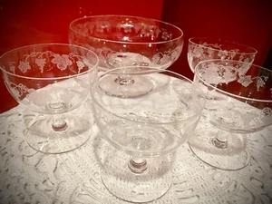 SET/4 GRAPE Etch SENECA GLASS No.608 Low Stemmed Sherbets PLUS  Footed Compote - Picture 1 of 10