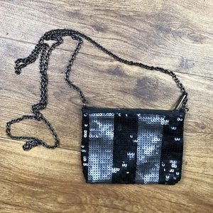 VS Pink 2009 Black Gray Striped Sequin Small Crossbody Bag - Picture 1 of 10