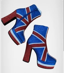 JEFFREY CAMPBELL Spice It Booties glitter size 5 union Jack Spice Girls Ginger - Picture 1 of 3