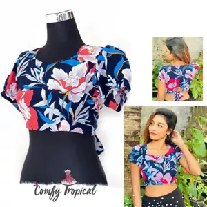 Tropical Girl Floral Blouse Crop Top (Dark Blue & Red) - Picture 1 of 10