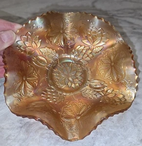1910 FENTON WATERLILY FOOTED RUFFLE CARNIVAL GLASS BOWL W/ STRONG COLORS - Picture 1 of 10