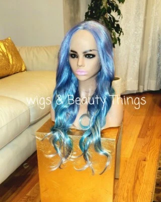 Peluca Larga Frontal Encaje Mezcla Cabello Humano Rizada Multicolor Balayage Sirena Arco Iris Foto 1 de 4