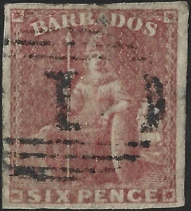 Barbados 1858 QV 6d Pale Rose-Red Imperf 4 Margin SG.11 Used Cat:£120 - Picture 1 of 3