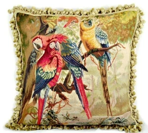 Handwoven Aubusson Pillow Cover | French Gobelins Tapestry Parrots Cushion 22x22 - Picture 1 of 12