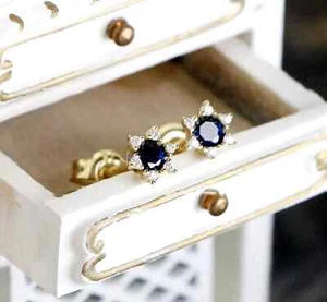 Retro Dainty Blue Sapphire 14K Gold Plated Sterling Silver Tiny Stud Earrings - Picture 1 of 5