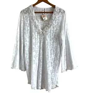 Strand Perlen Pailletten Tunika Top Made in Mexico Burnout XL Blumen weiß Fee - Bild 1 von 9