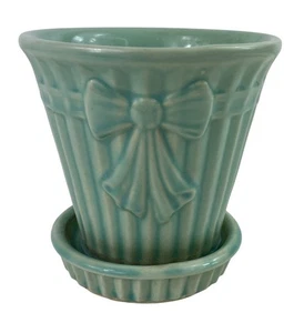 Vintage Shawnee Keramik Übertopf Schleife Knoten Blumentopf/Untertasse hellblau USA - Bild 1 von 11