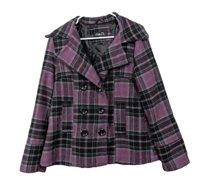 Abrigo para mujer Rue 21 púrpura negro a cuadros talla XL mezcla de lana doble pecho guisante - Imagen 1 de 21
