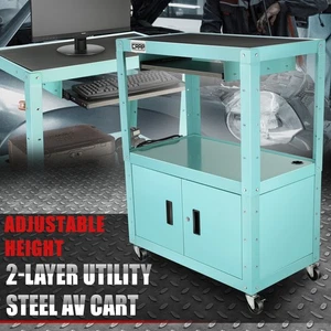 Light Blue 22"-42" Height Adjustable 2-Layer Media Rolling AV Cart w/Power Strip - Picture 1 of 7