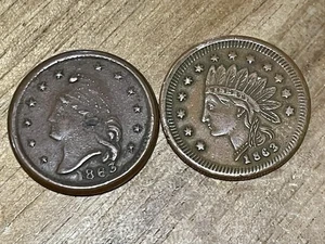 2 1863 Civil War Tokens Liberty Head New York & HW Beesom Groceries Detroit - Picture 1 of 5