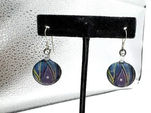 Glass Black & Blue Green & Purple Round Dangle Pierced Earrings - Picture 1 of 5