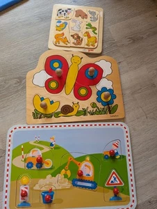 3 x Holzpuzzle Beleduc Goki Haba Baustelle Tiere Schmetterling Krippe 4 - 6 T - Bild 1 von 1