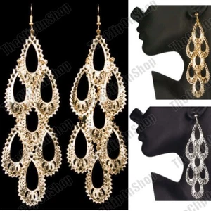CLIP ON 5"long BIG BOHO CHANDELIER EARRINGS filigree drop GOLD/SILVER fashion - Picture 1 of 13