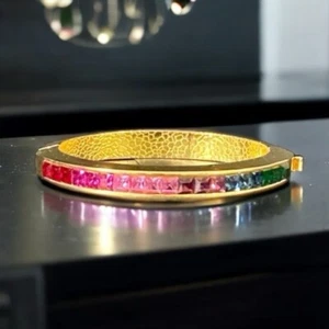 Vintage Austrian Crystal Gold Tone Rainbow Themed Hinged Bracelet Multicolor - Bild 1 von 7