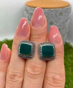Natural Green Onyx and Marcasite gemstone Cufflink, Sterling silver 925 - Picture 1 of 4