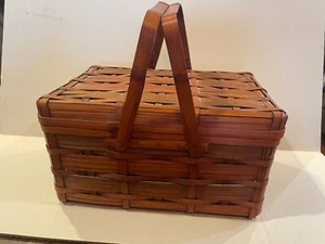 Vtg Japan Handmade Woven Wicker Bamboo Rattan Picnic Basket W/2 Handles 12x8x6.5 - Picture 1 of 21