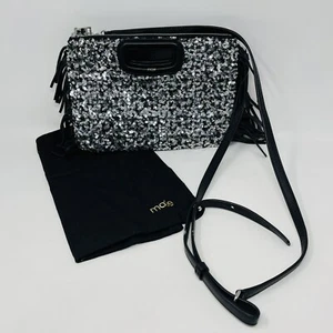 Maje Womens Crossbody Bag Clutch Silver Sequin Fringe Black Leather 2 Bags NEW - Picture 1 of 23